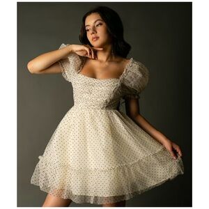 Joyfolie Coquette Feminine Cowgirl Mini Perla Dress Cream Black Dot Dress  | XS